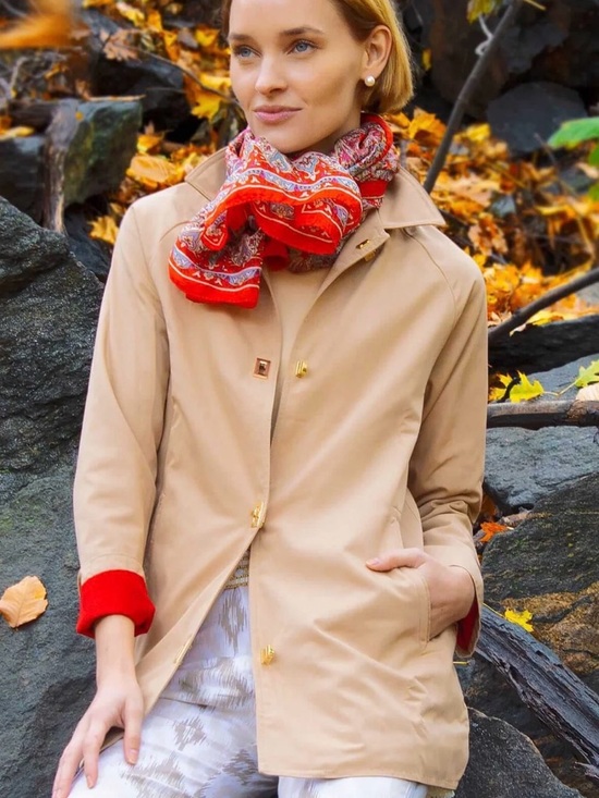 Gretchen Scott Designs Jackets & Blazers - Gretchen Scott Tan Rain Coat with Red Cuff Detail